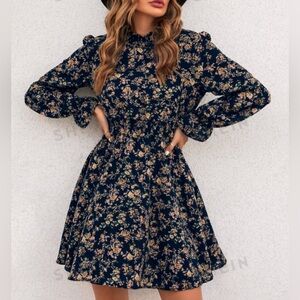 Allover Floral Print Shirred Waist A-line Dress